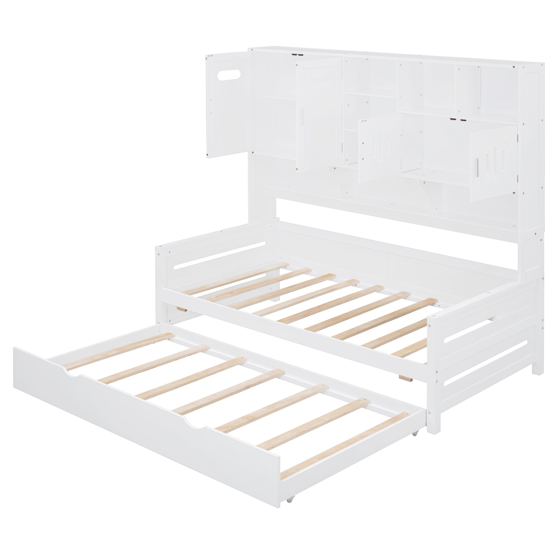 Twin Size Wooden Daybed With Twin Size Trundle, And All In One Cabinet And Shelf - White - Image 9