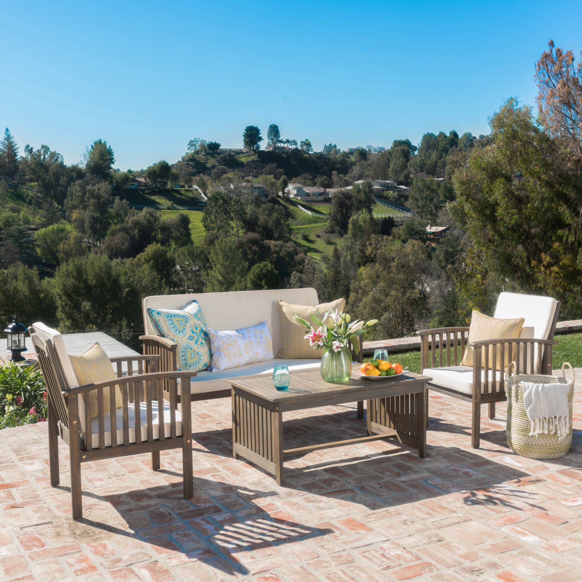 4 Piece Outdoor Chat Set With Water Resistant Cushion And Wood Frame - Cream / Gray - Image 6