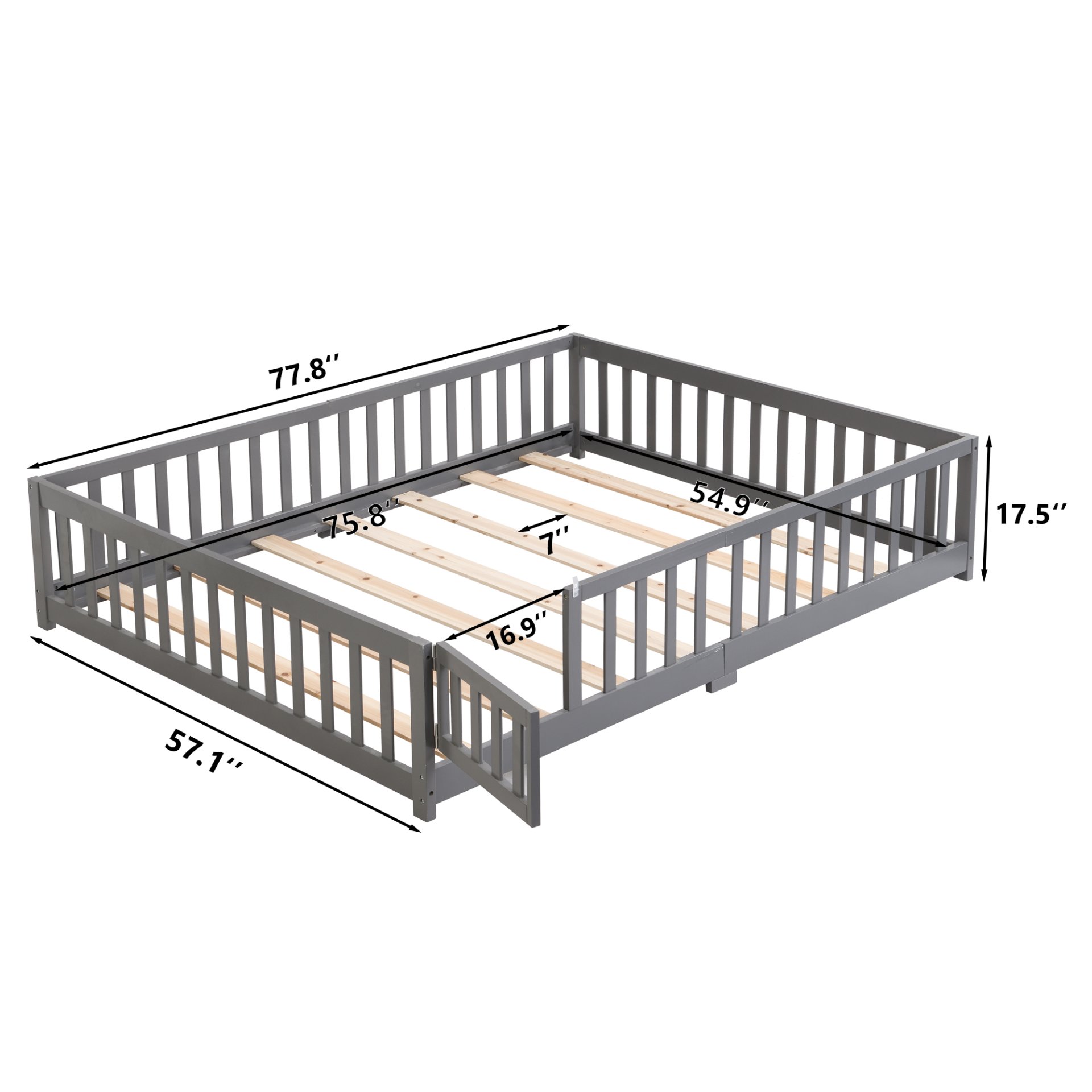 Solid Wood Full Size Floor Bed With Door And Fence For Children, Pine Wood Construction - Gray - Image 3