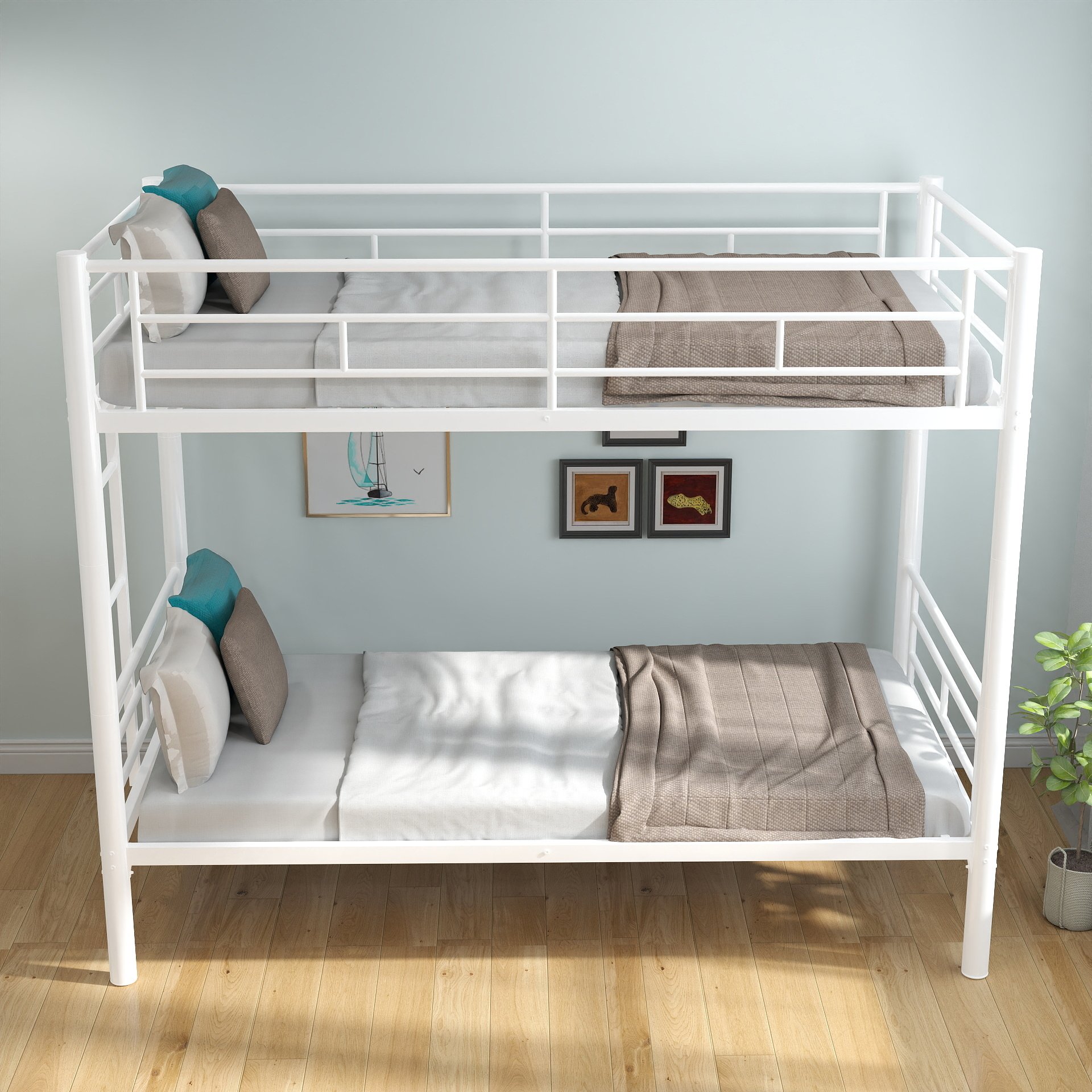 Twin Over Twin Bunk Bed With Ladder, High Guardrail, Storage, Noise Free - White - Image 20
