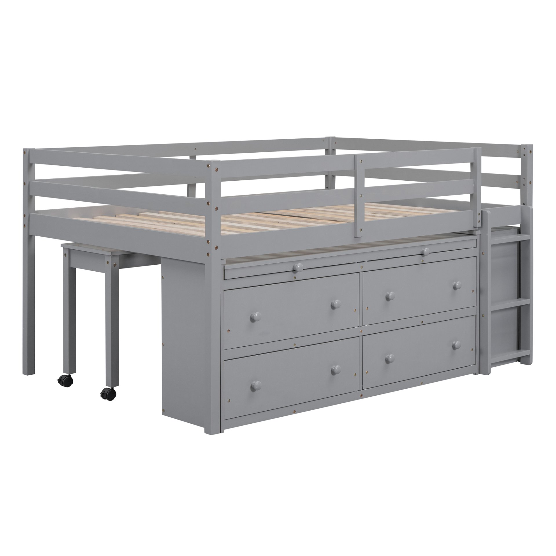 Full Size Loft Bed With Retractable Writing Desk And 4 Drawers, With Lateral Portable Desk And Shelves - Gray - Image 8