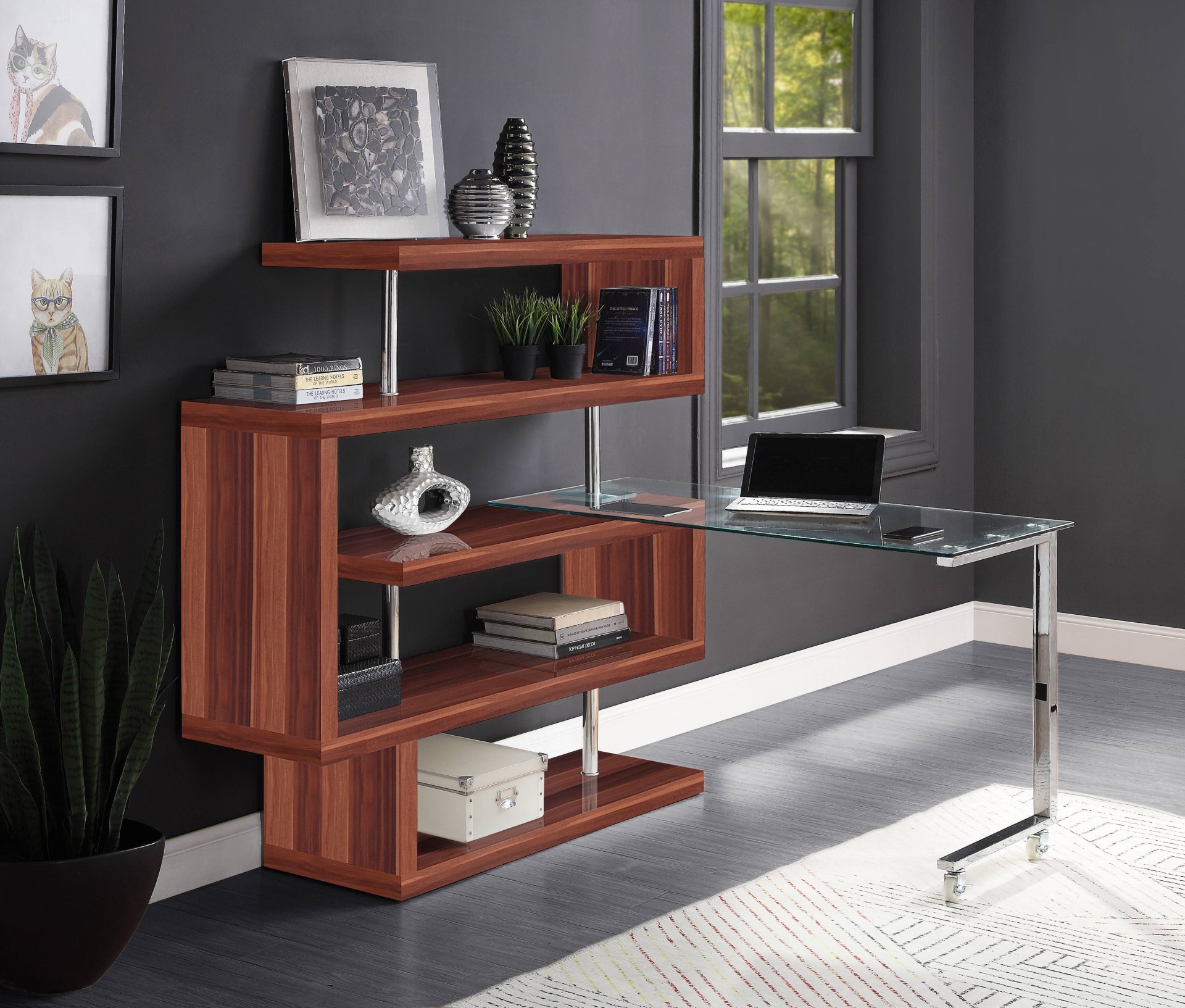Buck II - Clear Glass, Chrome High Gloss Writing Desk With Shelf - Walnut - Image 4