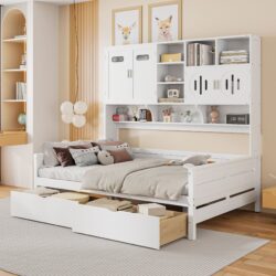 Full Size Daybed With 2 Drawers And All In One Cabinet And Shelf - White