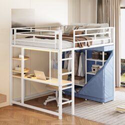 Full Size Loft Bed With Desk, Shelves, Power Outlet, LED Light And Wardrobe - White