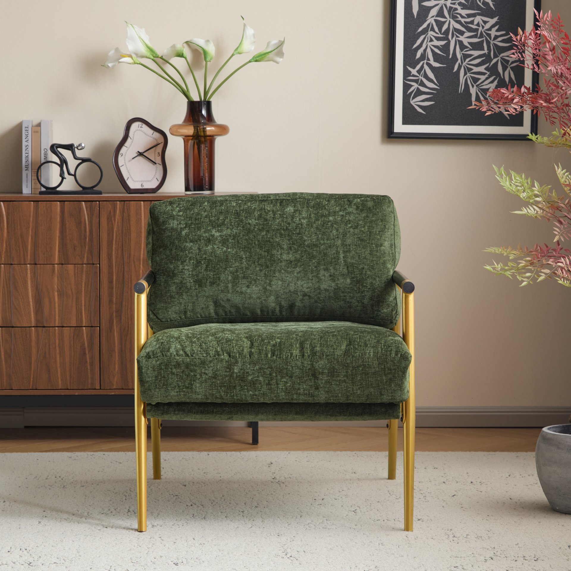 Modern Accent Chair With Plush Cushions, Minimalist Metal Frame, & Wooden Armrest Design - Gold / Green - Image 6