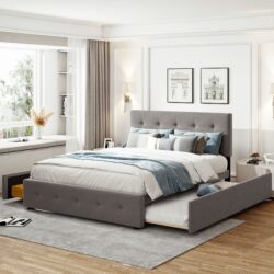 Queen Size Upholstered Platform Bed With 2 Drawers And 1 Twin Long Trundle - Light Gray