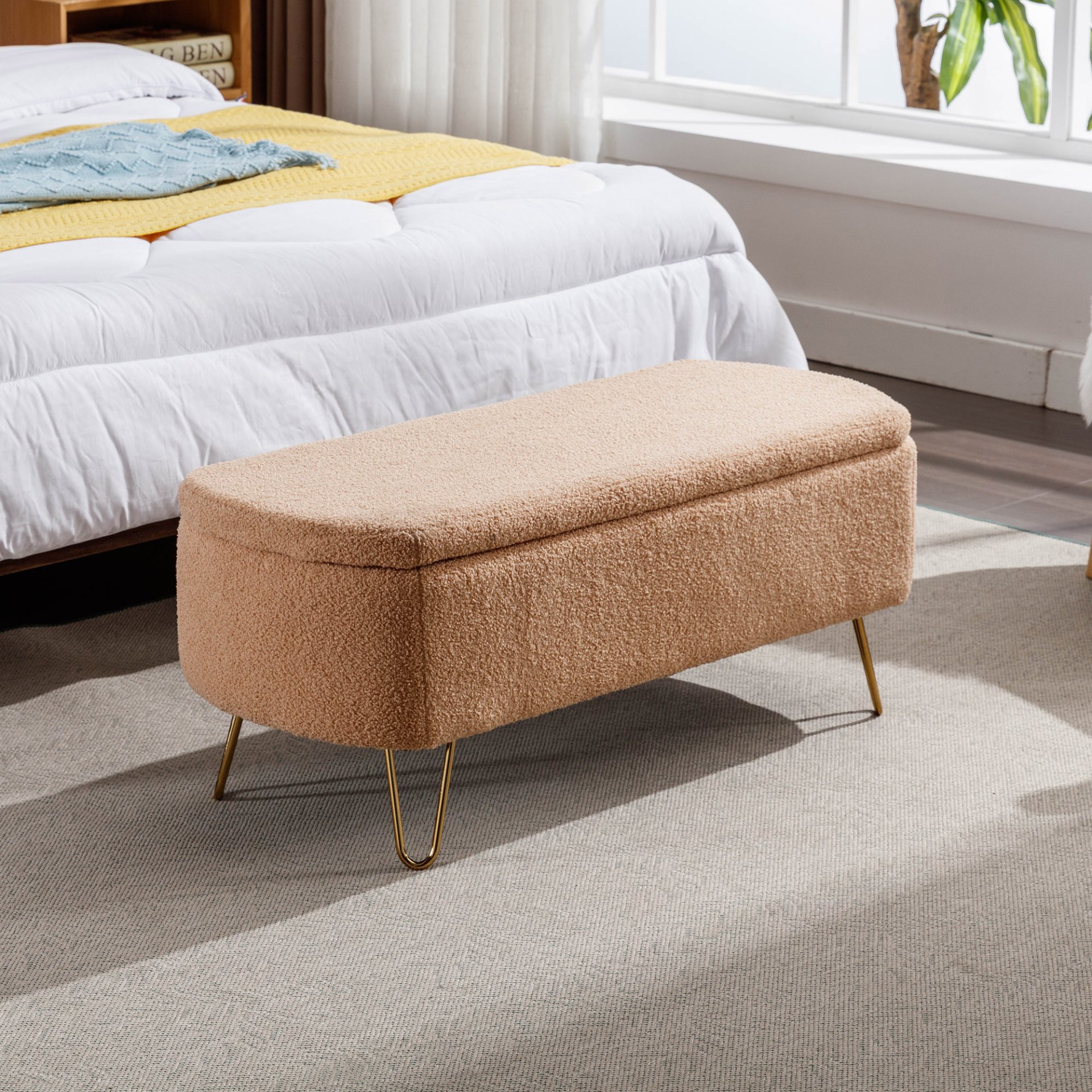 Storage Ottoman Bench For End Of Bed Gold Legs, Modern Camel Faux Fur Entryway Bench Upholstered Padded With Storage For Living Room Bedroom - Camel - Image 5