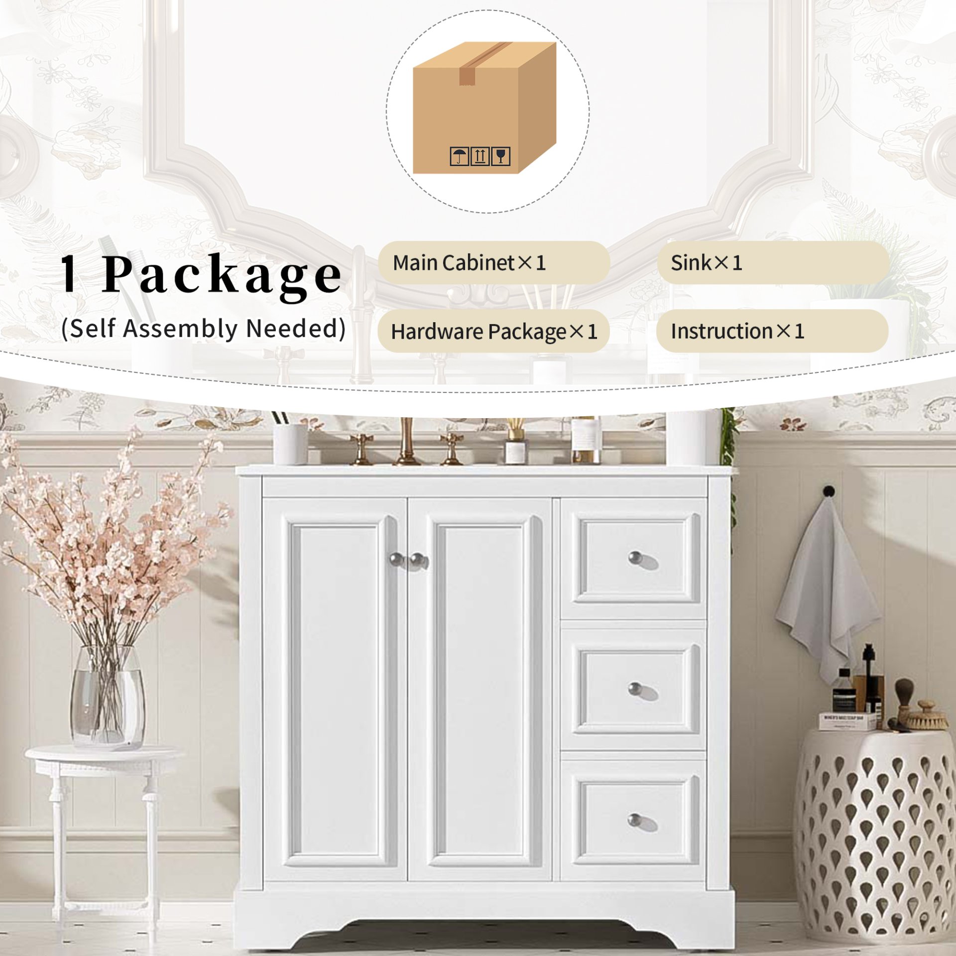 36" Transitional Bathroom Vanity With Sink, Soft Close Doors, Adjustable U Shelf, 3 Drawers - White - Image 11
