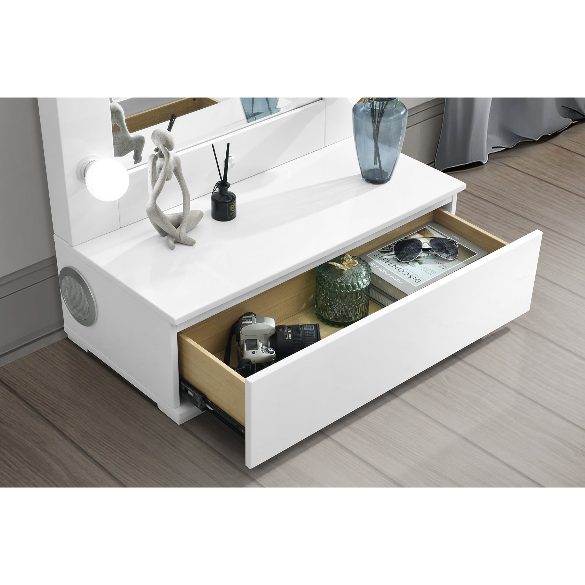 Elisa - Narrow Tall Mirror With Speaker And Drawer - White - Image 10