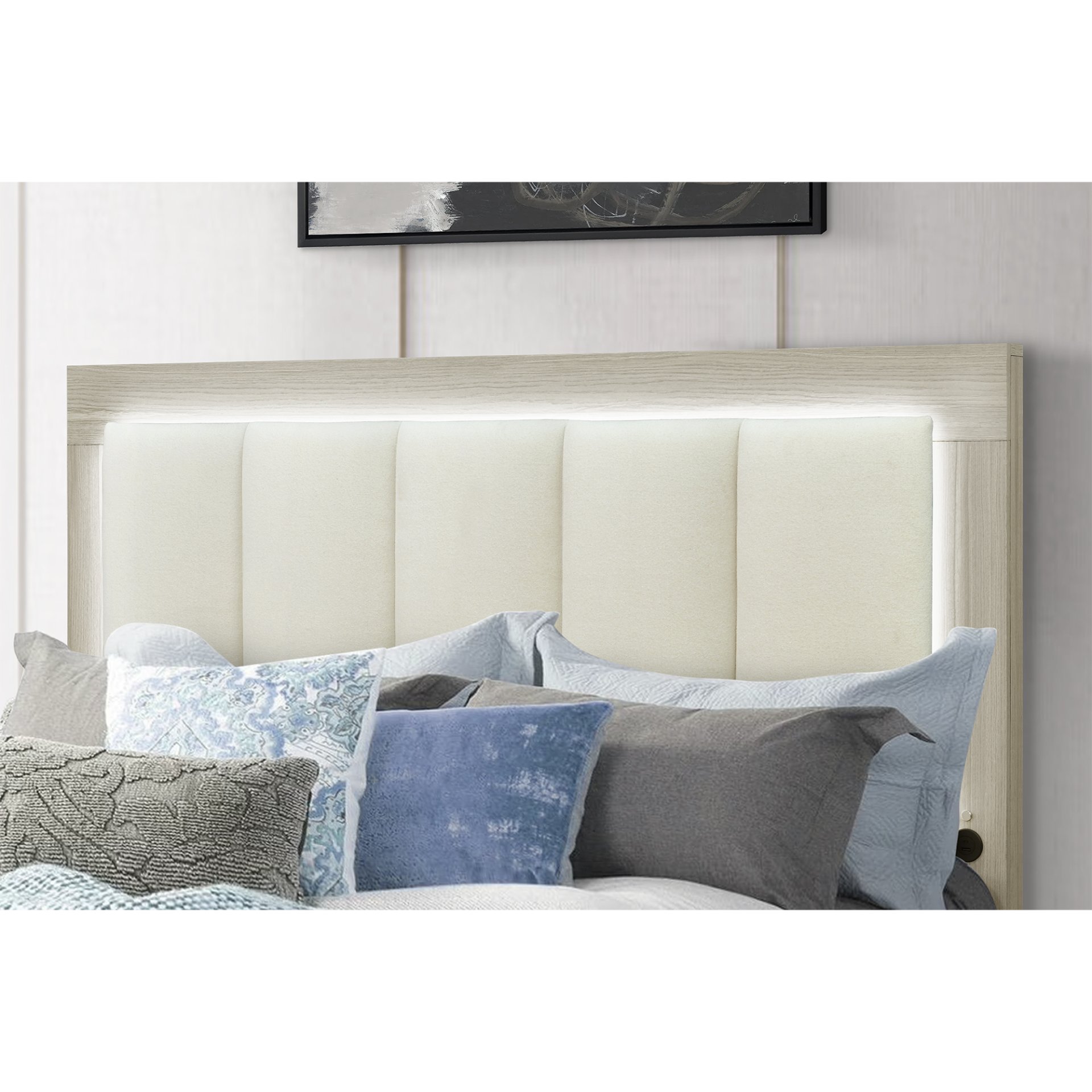 Emilia - Panel Queen Bedroom 5 Piece Set With Storage And LED Lighting - Natural / White - Image 8