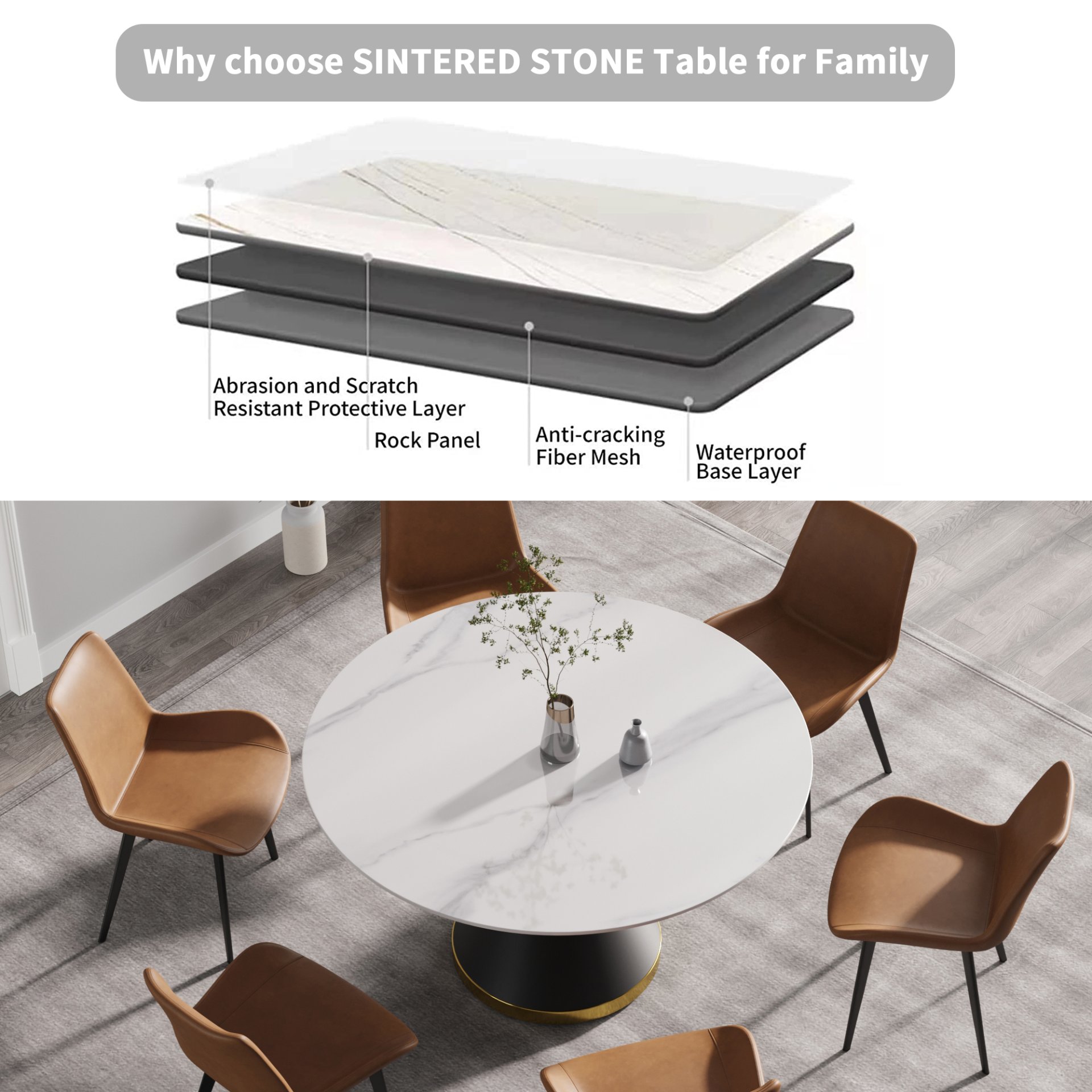 53.15" Modern Artificial Stone Round Carbon Steel Base Dining Table, Can Accommodate 6 People -White / Black - Image 6