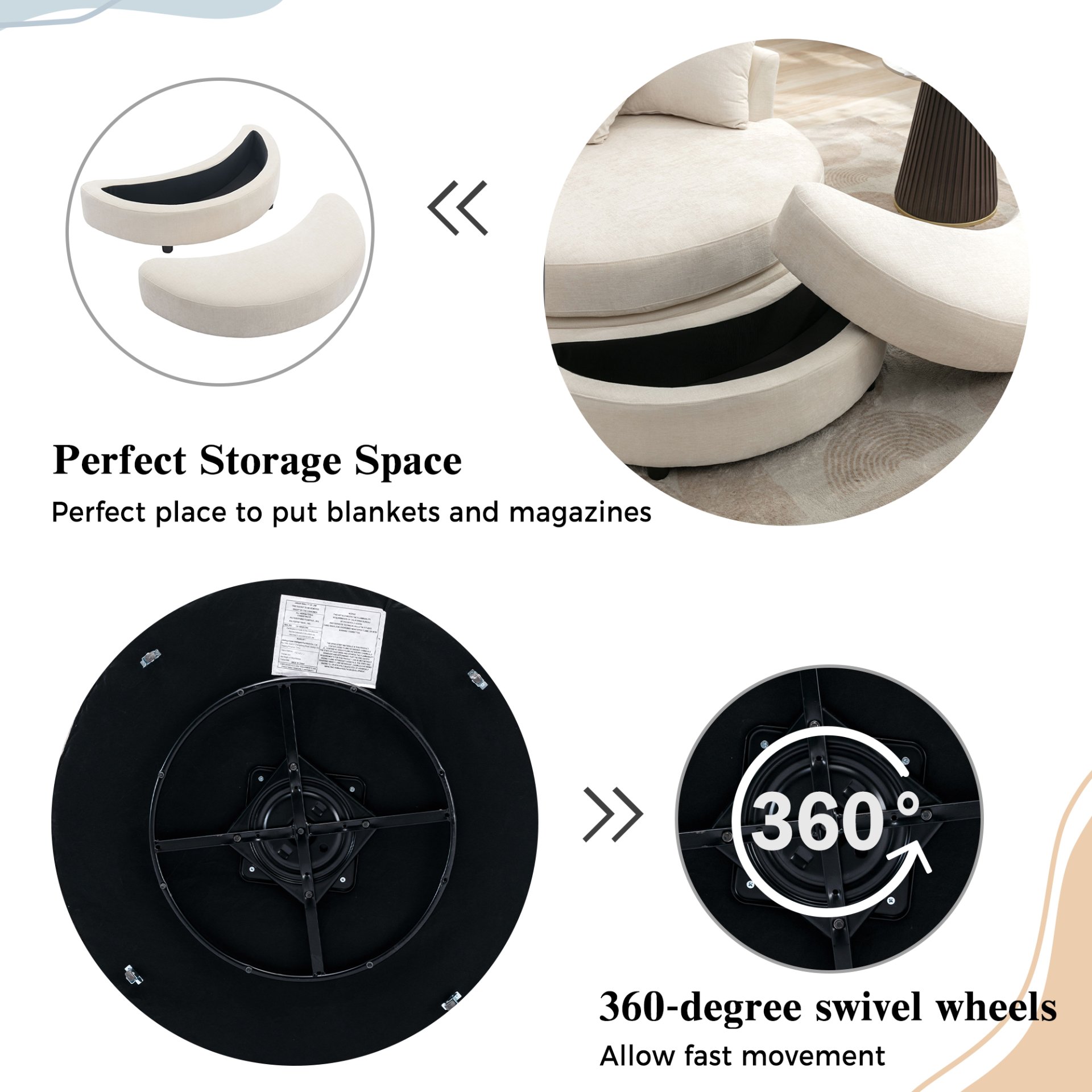 360° Swivel Accent Barrel Chair With Storage Ottoman & 4 Pillows, Modern Chenille Leisure Chair Round Accent For Living Room - Cream - Image 5