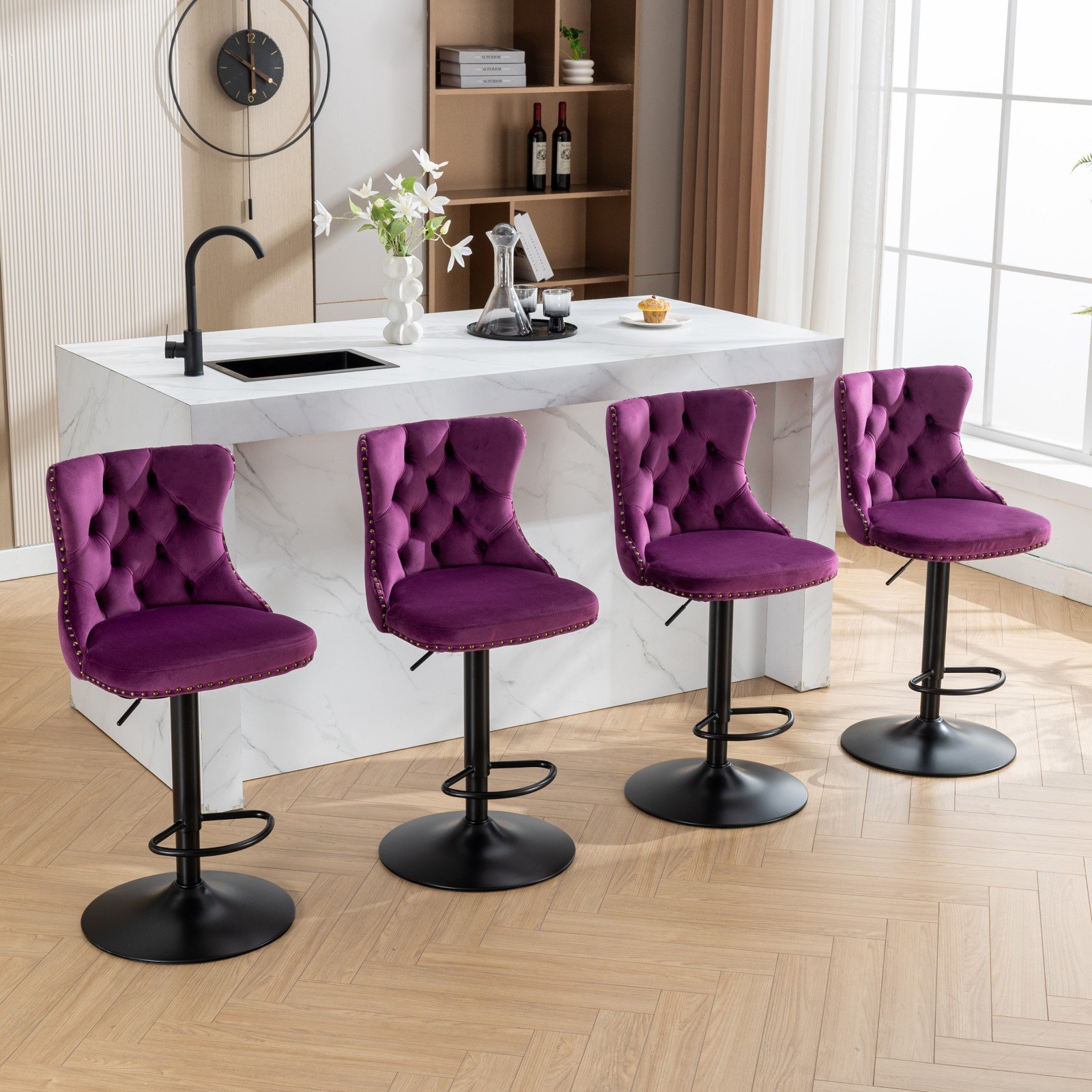 Swivel Velvet Barstools Adjusatble Seat Height, Modern Upholstered Bar Stools With Backs Comfortable Tufted For Home Pub And Kitchen Island (Set of 2) - Purple - Image 19