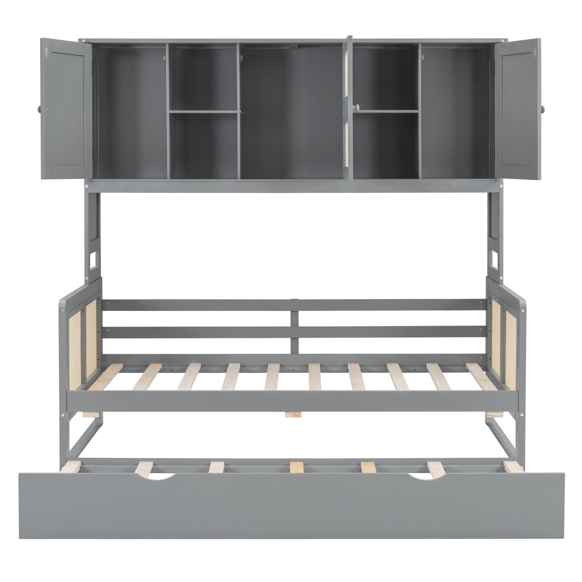 Twin Size Wooden Daybed With Twin Size Trundle, And All In One Cabinet And Shelf - Gray - Image 9