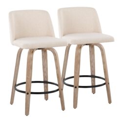 Toriano - Mid-Century Modern Fixed Height Counter Stool With Swivel With Round Footrest (Set of 2) - White Washed / Cream