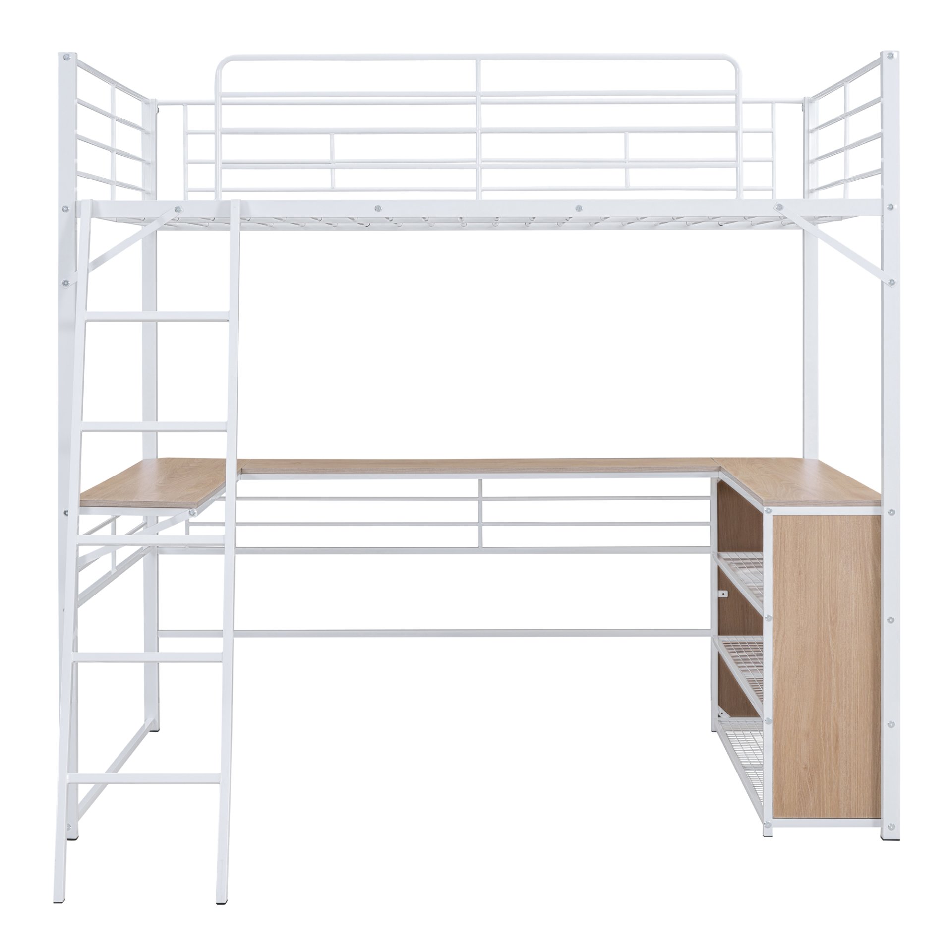 Full Size Loft Bed With 3 Layers Of Shelves And L-Shaped Desk - White - Image 3