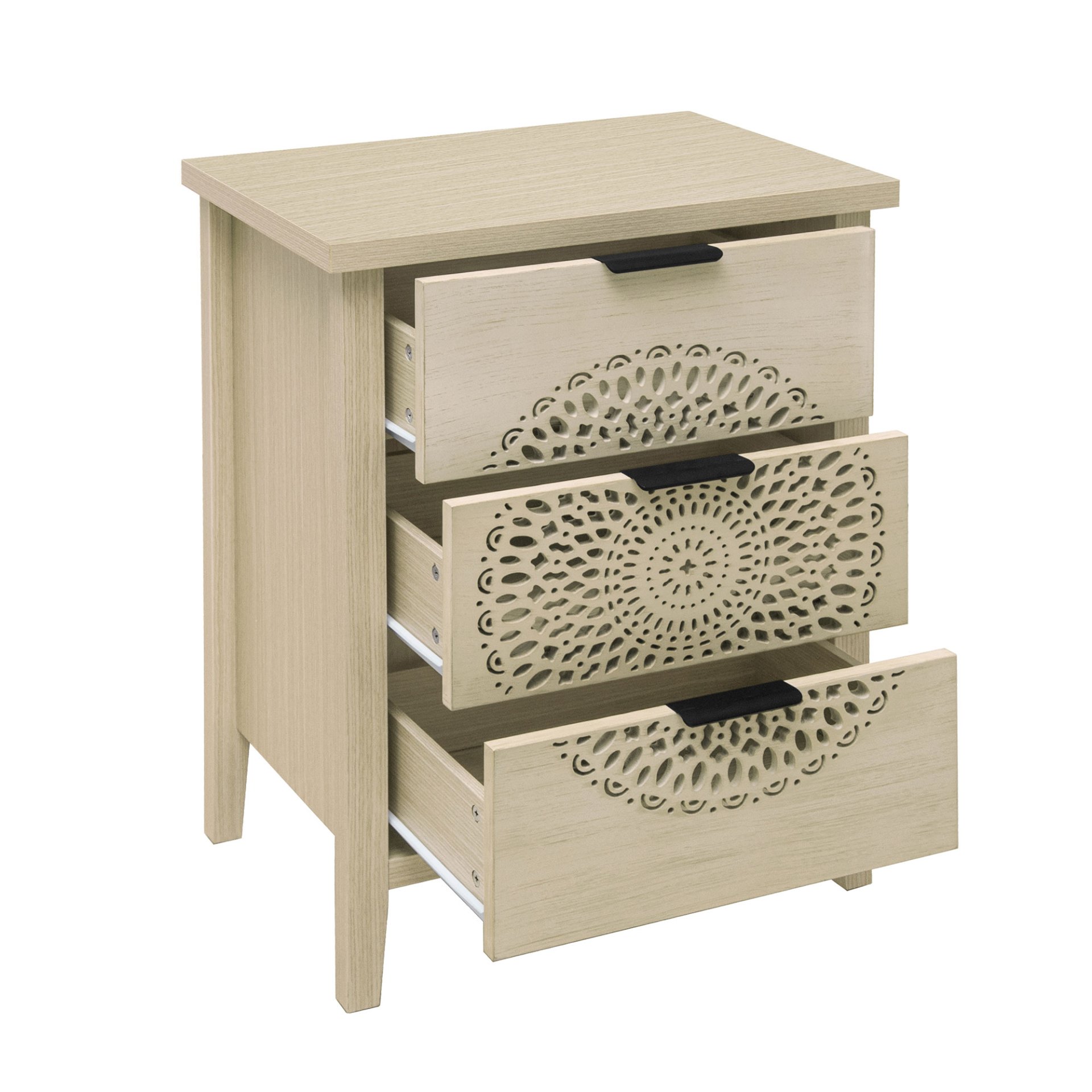 Hollow Carved 3 Drawer Cabinet Dresser Storage Chest With Metal Handles For Living Room Bedroom - Natural - Image 13