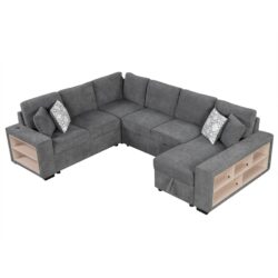 U-Shaped Sectional Sofa Pull-Out Sofa Bed With Two USB Ports, A Storage Chaise Lounge And Four Back Pillows For Living Room - Gray