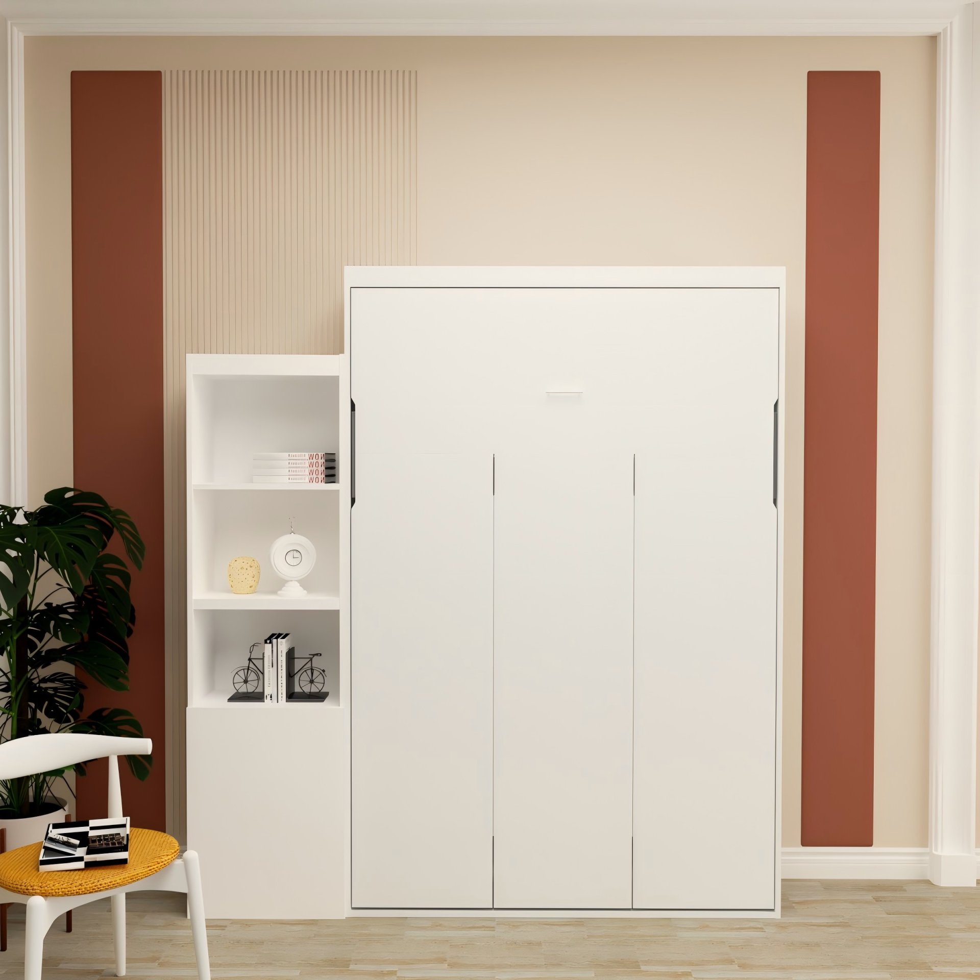 Queen Size Morden Deisgn Big Size Vertical Murphy Bed With Table And Shelf For Bedroom Or Guestroom Wall Bed Space Saving Hidden Bed With New Style Gas Struts - White - Image 4