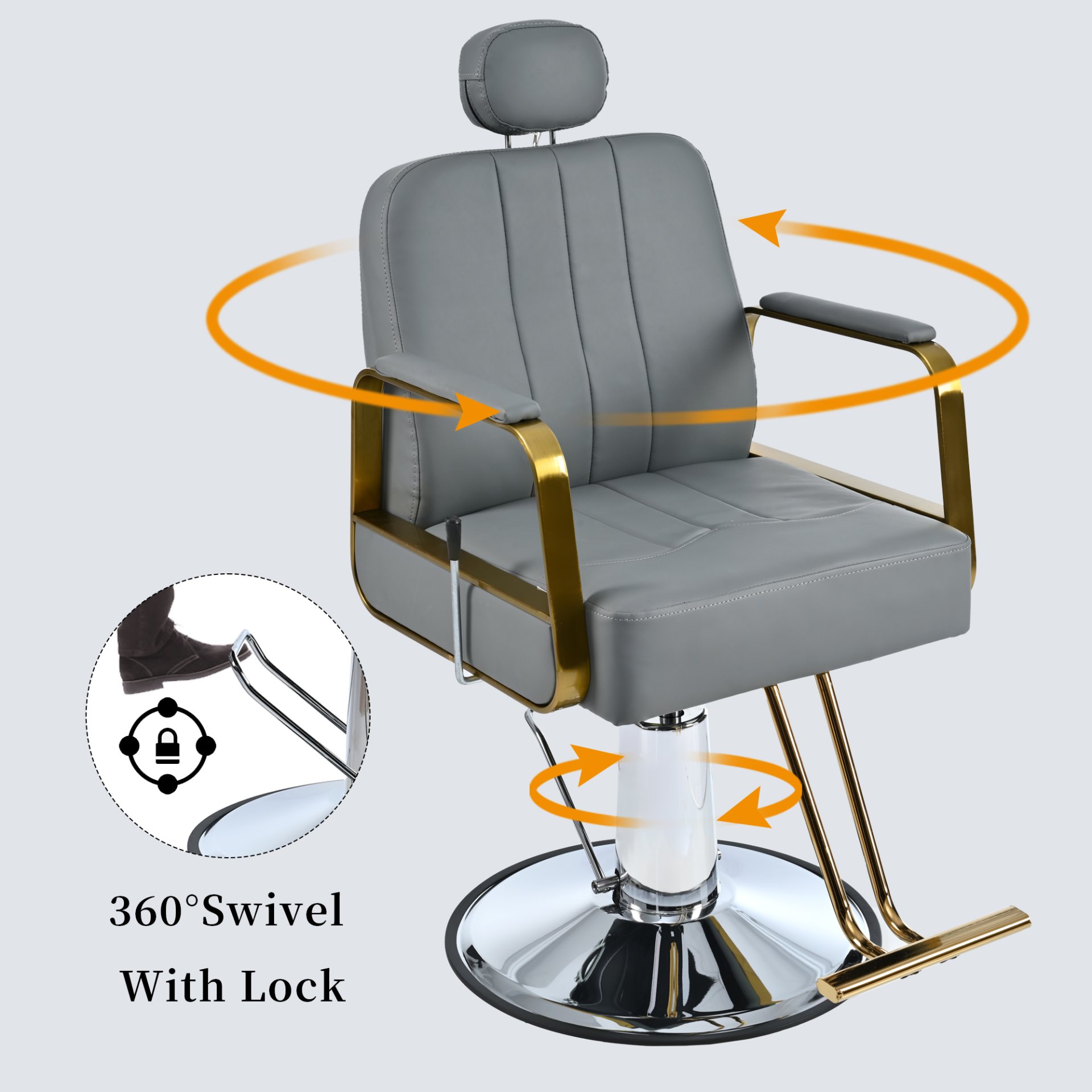 Premium Reclining Barber Chair Salon Chair For Hair Stylist With Heavy Duty Hydraulic Pump, 360° Rotation, Tattoo Chair Shampoo Beauty Salon Equipment, Max Load Weight 400 Lbs - Gray - Image 6