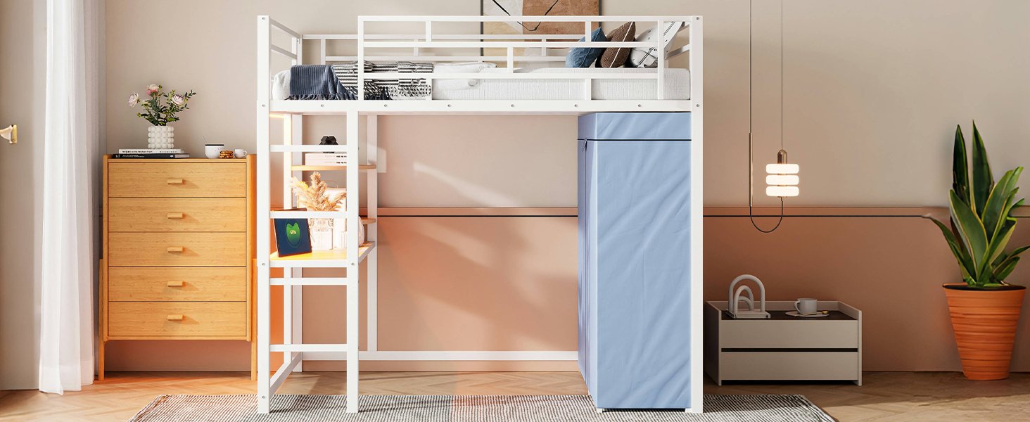 Twin Size Loft Bed With Desk, Shelves, Power Outlet, LED Light And Wardrobe - White - Image 25