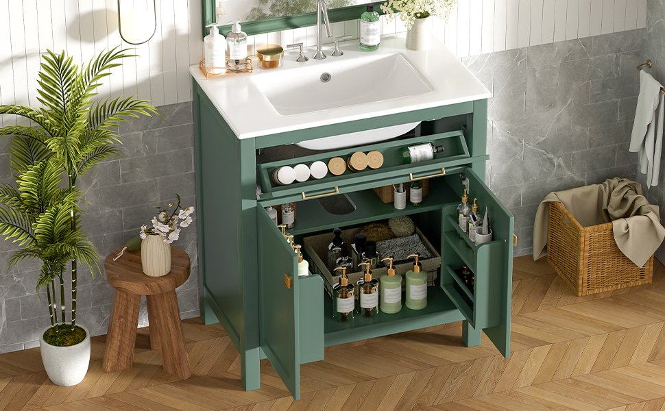 Bathroom Vanity With Ceramic Sink, Modern Single Bathroom Cabinet With 2 Doors And A Shelf, Soft Close Doors - Green - Image 29