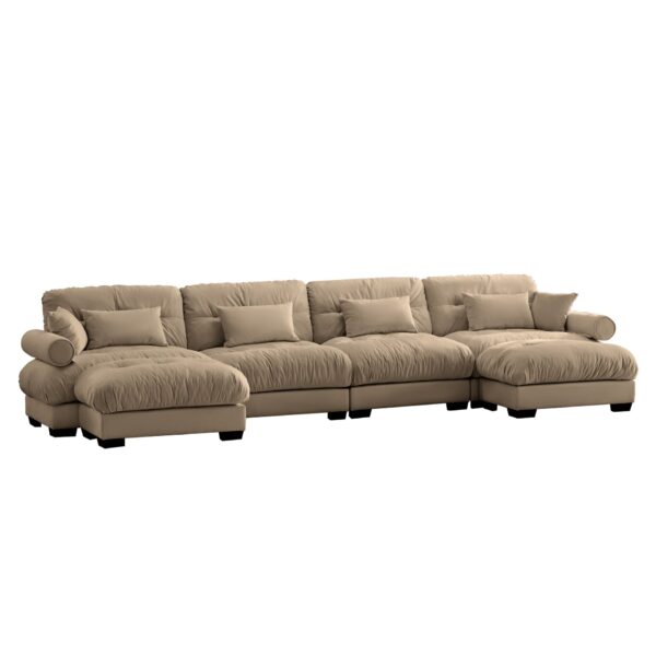 Modern Velvet U Shaped Sectional Sofa Cloud Couch With Movable Ottomans And Bolstered Armrests - Camel