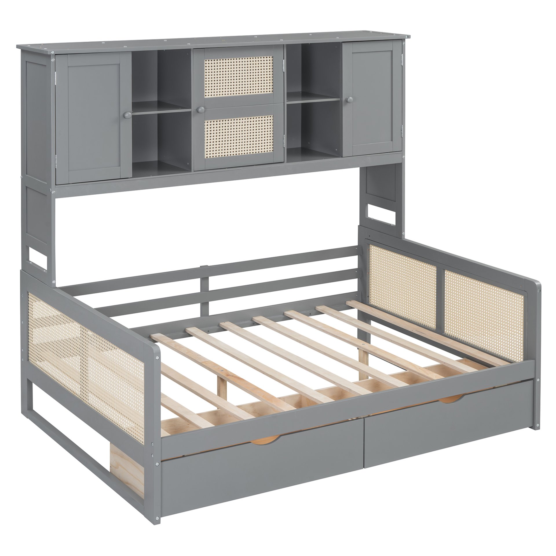 Full Size Wooden Daybed With 2 Drawers, And All In One Cabinet And Shelf - Gray - Image 4