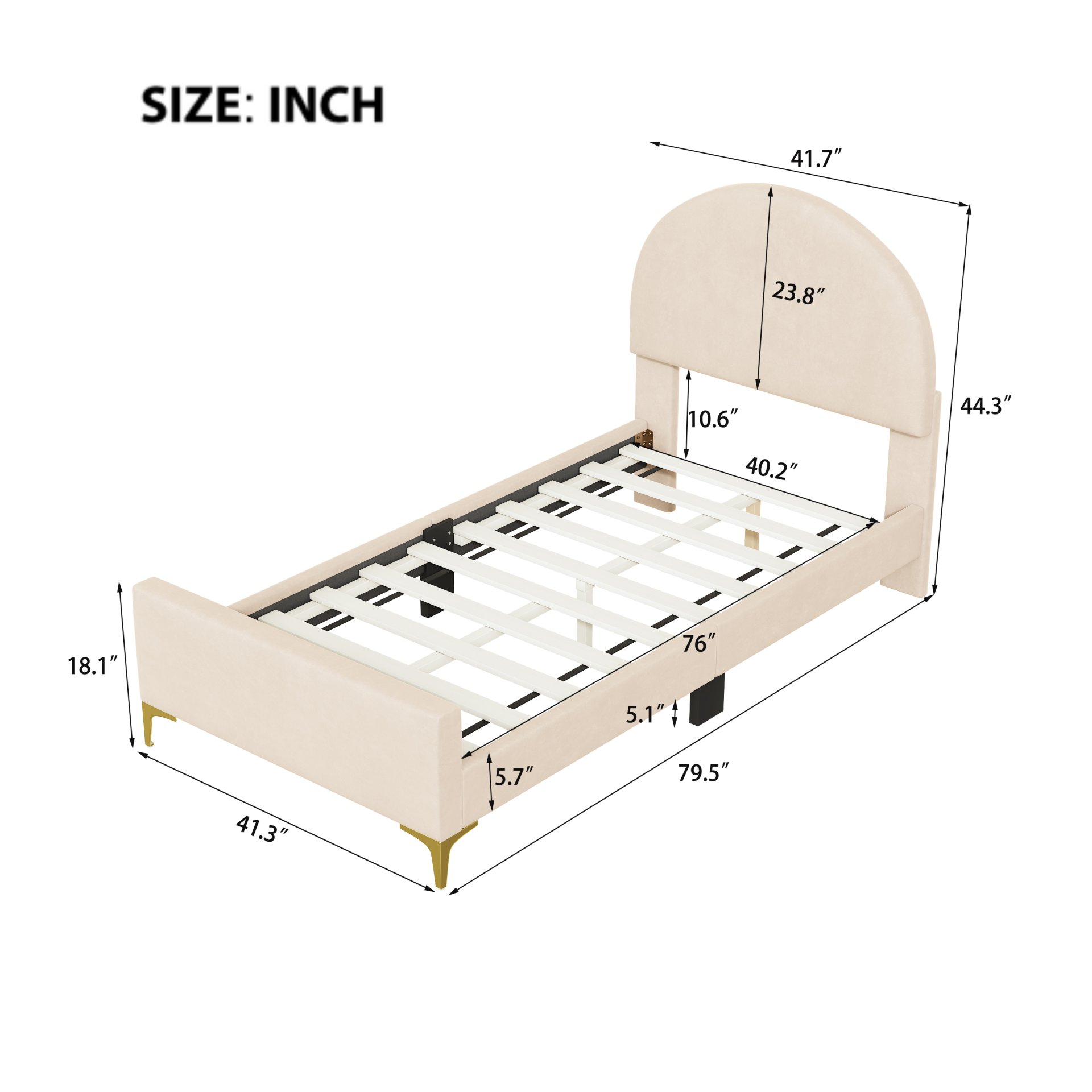 Twin Size Upholstered Platform Bed With Classic Semi-Circle Shaped Headboard And Mental Legs - Beige - Image 5