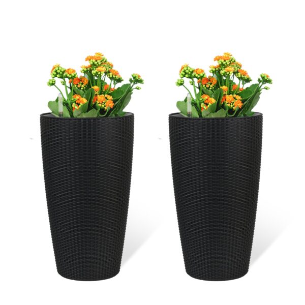 Faux Rattan Tall Planters Set With Water Level Monitor And Auto Watering, Polypropylene - Black / Gray