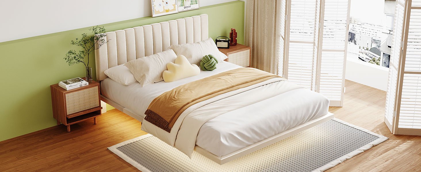 Queen Size Upholstered Bed With Sensor Light And Headboard, Floating Platform Bed - Beige - Image 13