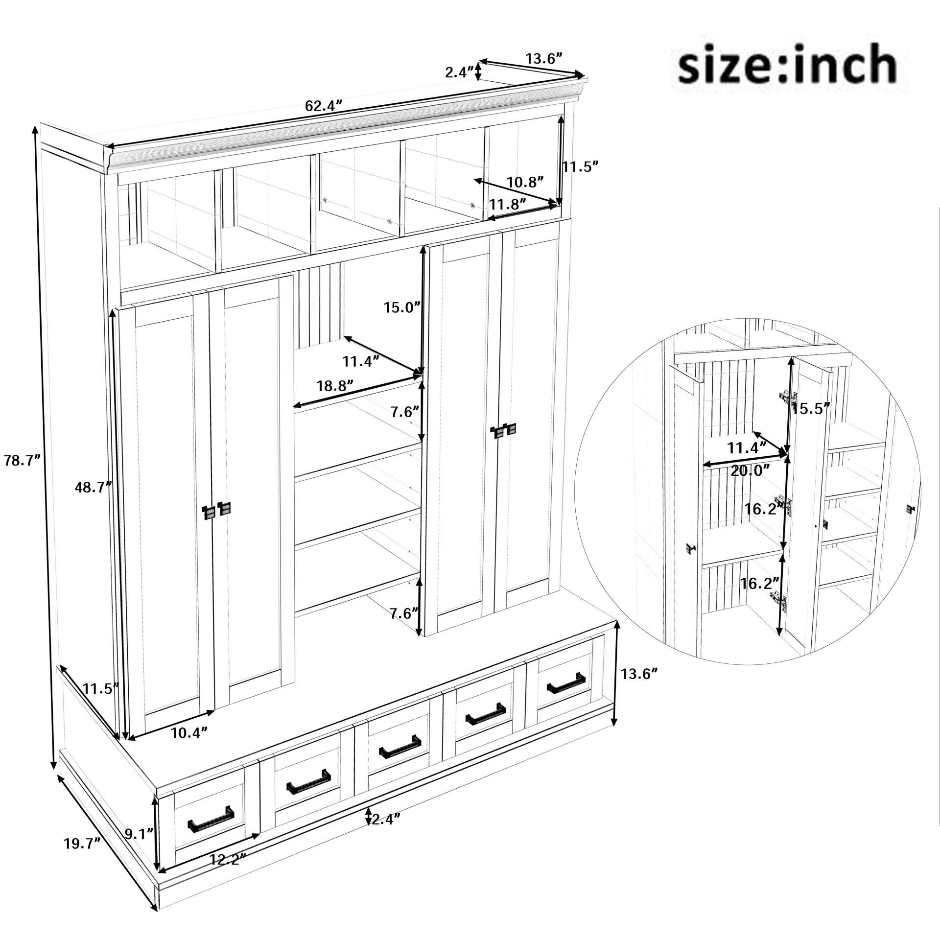 Hall Tree With Bench And 5 Storage Cubbies, Modern Entryway Storage Organizer Cabinet With 4 Doors, 5 Drawers And Adjustable Shelves For Hallway, Entryway, Living Room - White - Image 3