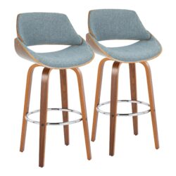 Fabrizzi - Mid-Century Modern Fixed Height Barstool With Swivel With Round Footrest (Set of 2) - Walnut / Blue