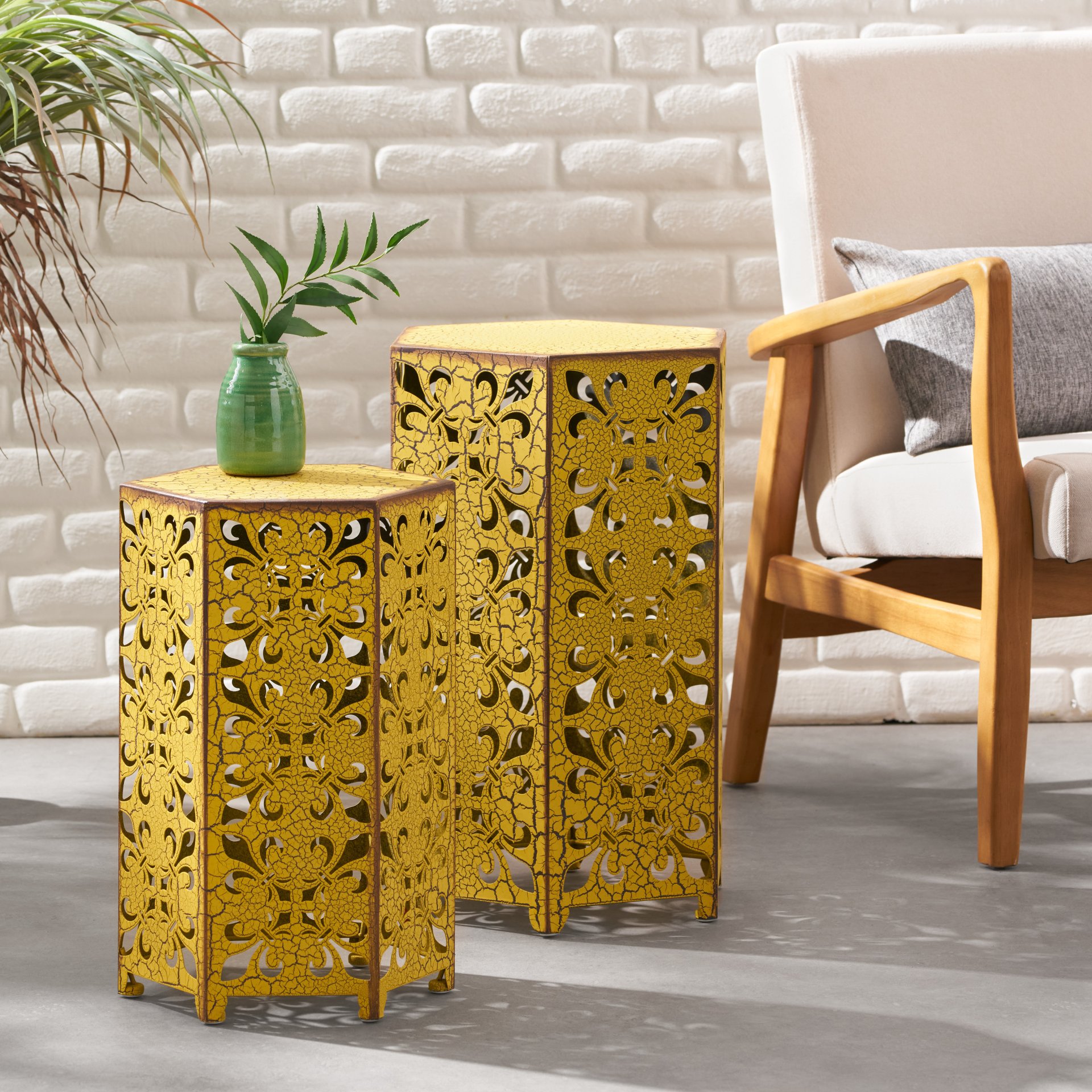 Outdoor Hexagonal Accent Table Set With Charming Fleur De Lis Panel Sides - Antique Yellow - Image 8