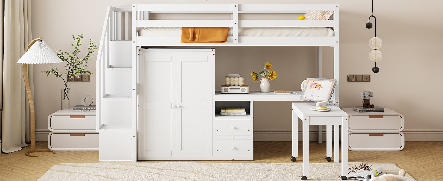 Twin Size Loft Bed With Stairs, Bookshelf, Drawers, Desk & Wardrobe, Space Saving Multifunctional Furniture - White - Image 25