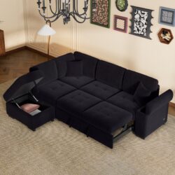 Sleeper Sectional Sofa, L-Shape Corner Couch Sofa Bed With Storage Ottoman & Hidden Arm Storage & USB Charge For Living Room Apartment - Black