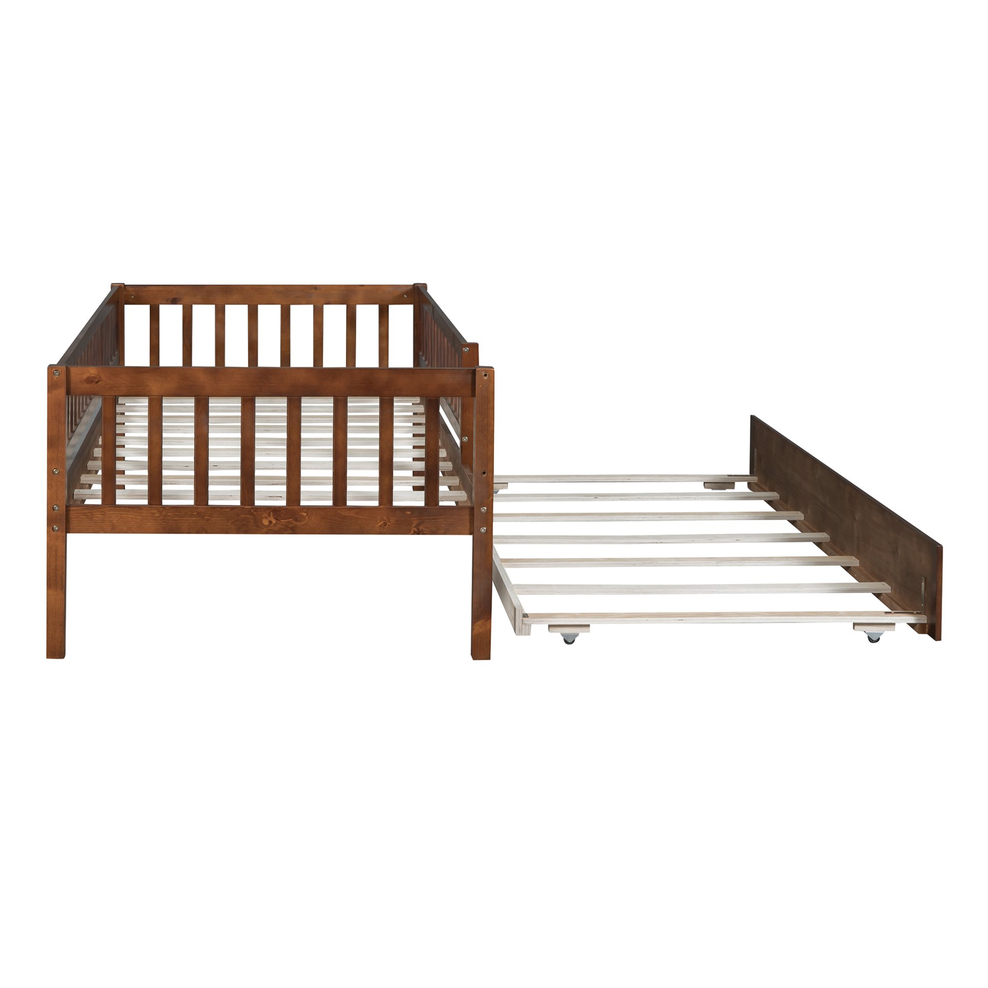 Twin Size Daybed With Trundle And Fence Guardrails - Walnut - Image 13