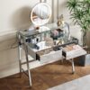 33.9" Mirrored Makeup Vanity Desk With Mirror And Lights, Mirrored Console Vanity Table With 2 Big Drawers & Open Shelf, Dressing Table With Charging Station For Bedroom - Silver - Image 11