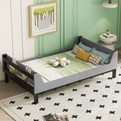 Twin Bed With Headboard, Footboard, Safeguards, Built-In Bed-End Book Storage Rack - Gray