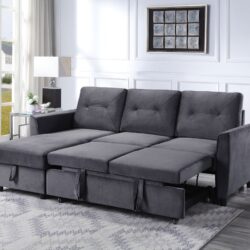 Hudson - Velvet Reversible Sleeper Sectional Sofa With Storage Chaise - Dark Gray