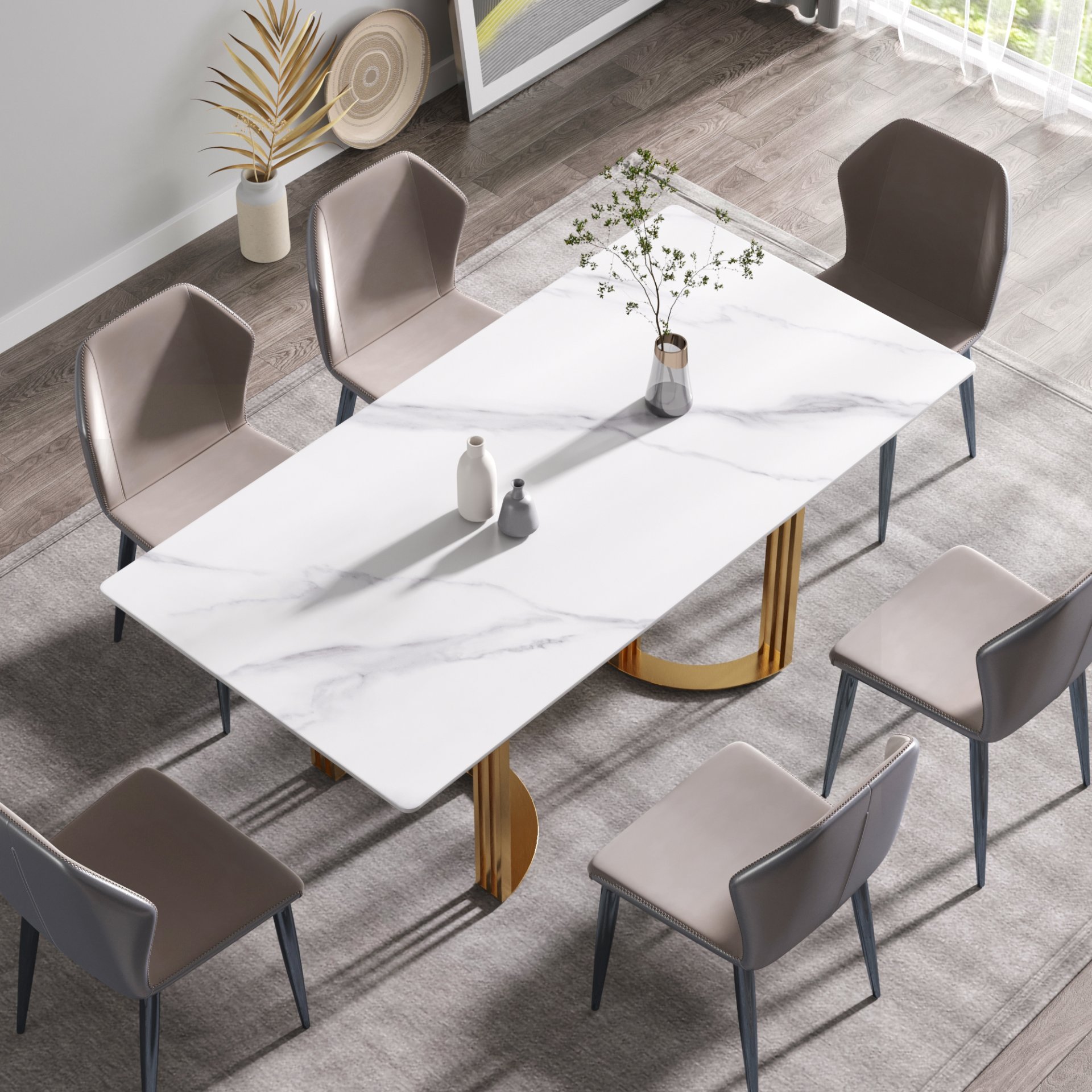 70.87" Modern Artificial Stone White Straight Edge Golden Metal Leg Dining Table, Can Accommodate 6-8 People - White / Gold - Image 4