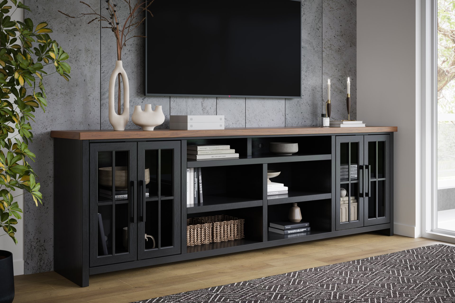 Essex - TV Stand Console For TVs Up To 100" - Black, Whiskey - Image 4