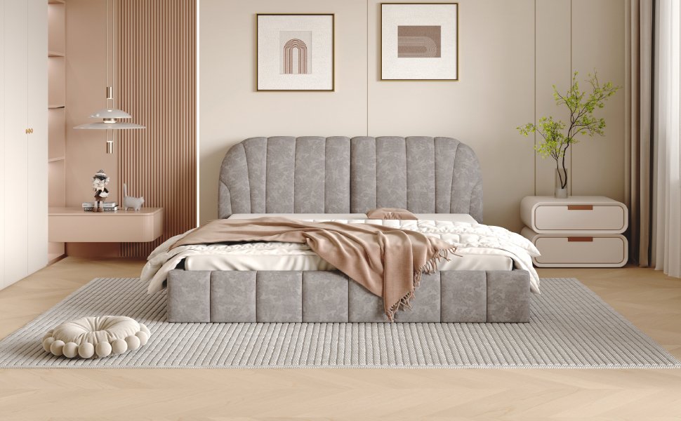 Queen Size Upholstered Platform Bed, Polyester - Gray - Image 15