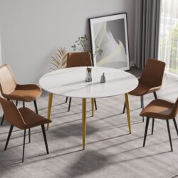 Modern Man-Made Stone Round Metal Dining Table - White / Gold