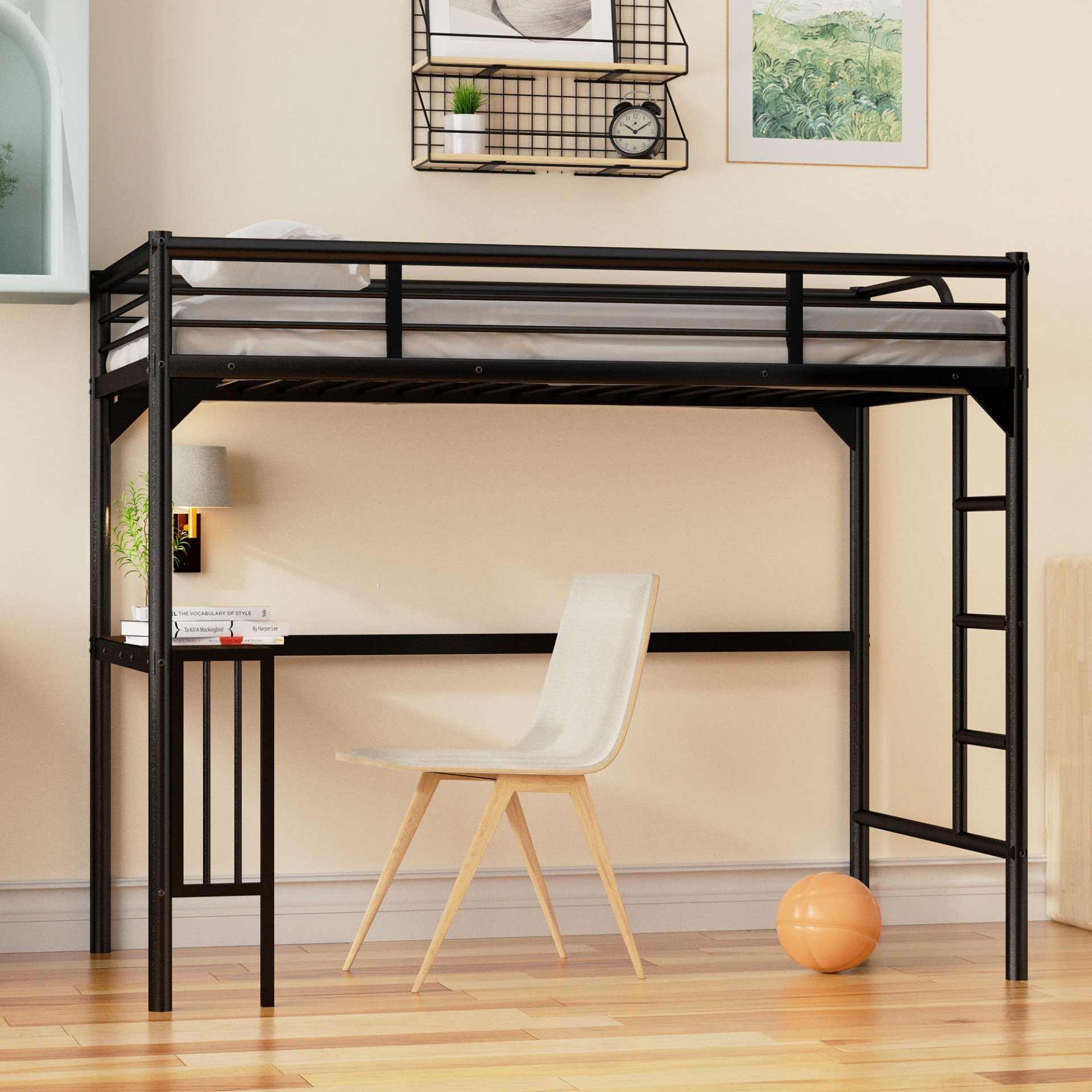 Twin Metal Loft Bed With Desk, Ladder And Guardrails, Bookdesk Under Bed - Black - Image 5