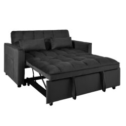 Convertible 3 In 1 Sofa Bed With Reclining Backrest And Pillows Velvet - Black