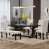 Farmhouse 6 Piece Dining Table Set With Rectangular Wood Table, 4 Upholstered Chairs, Bench - Espresso - Image 3
