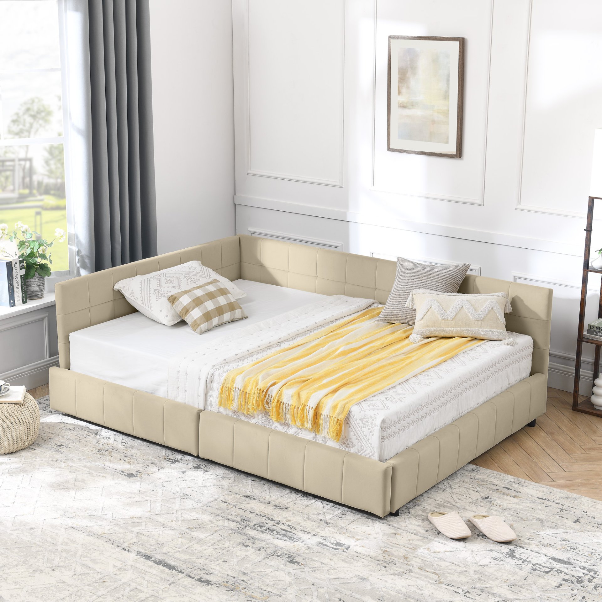 Mid Century Full Size Storage Upholstered Tufted Bed Frame With Backrest And Armrests Velvet - Beige - Image 3