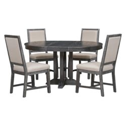 Farmhouse 5 Piece Dining Set With Extendable Round Table And Upholstered Chairs - Black