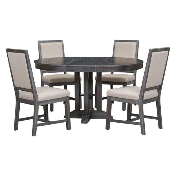 Farmhouse 5 Piece Dining Set With Extendable Round Table And Upholstered Chairs - Black